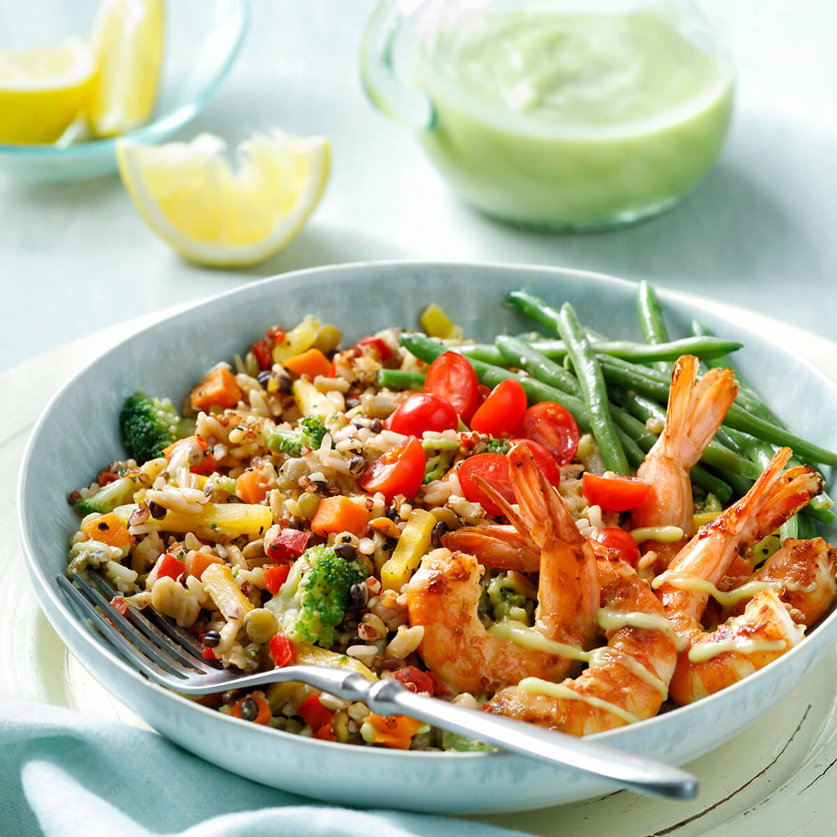 Multi-Grain Orzo, Red Quinoa & Grilled Shrimp Mediterranean Bowl Recipe